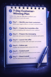7-day customer getting plan showing step-by-step system to create an irresistible offer and win new customers